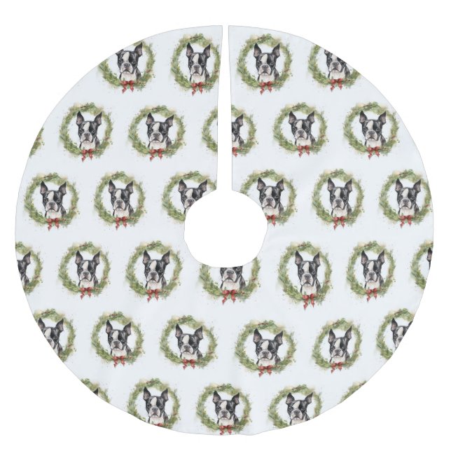 Boston Terrier Christmas Wreath Festive Pup  Brushed Polyester Tree Skirt (Front)