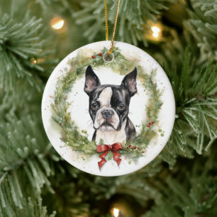 Boston Terrier Christmas Wreath Festive Pup  Ceramic Tree Decoration