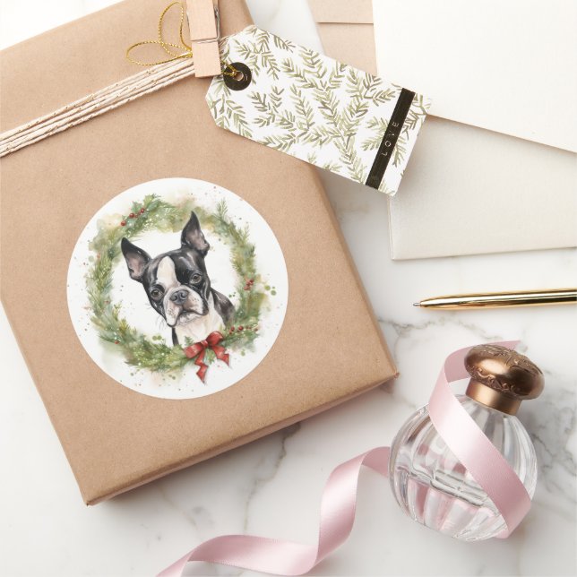 Boston Terrier Christmas Wreath Festive Pup  Classic Round Sticker (Gifting)