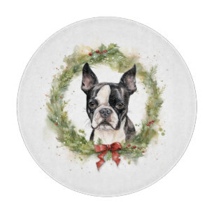 Boston Terrier Christmas Wreath Festive Pup  Cutting Board
