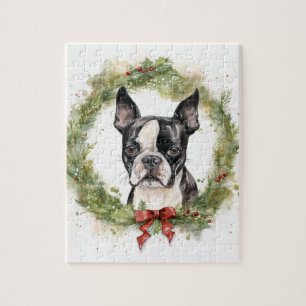 Boston Terrier Christmas Wreath Festive Pup  Jigsaw Puzzle