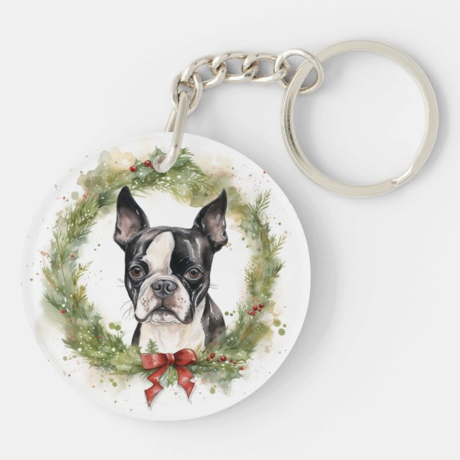 Boston Terrier Christmas Wreath Festive Pup  Key Ring (Back)