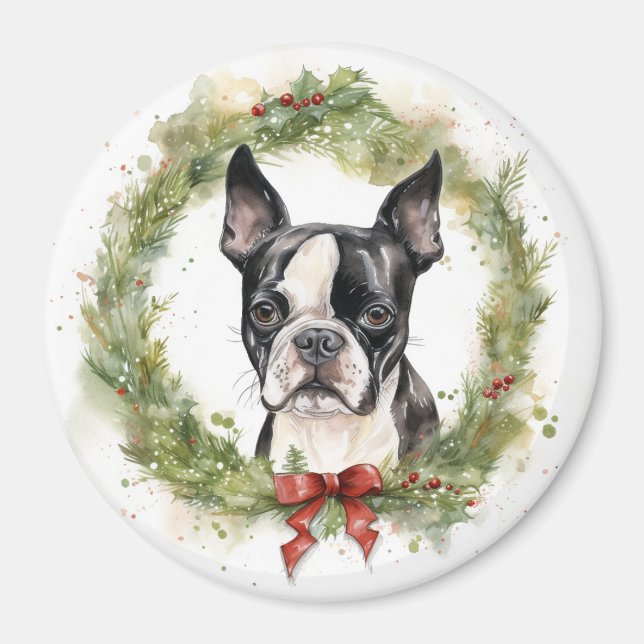 Boston Terrier Christmas Wreath Festive Pup  Magnet (Front)