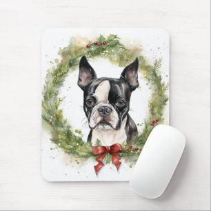 Boston Terrier Christmas Wreath Festive Pup  Mouse Mat