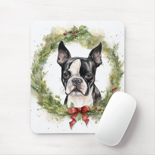 Boston Terrier Christmas Wreath Festive Pup  Mouse Mat (With Mouse)