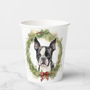 Boston Terrier Christmas Wreath Festive Pup  Paper Cups