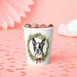 Boston Terrier Christmas Wreath Festive Pup  Paper Cups