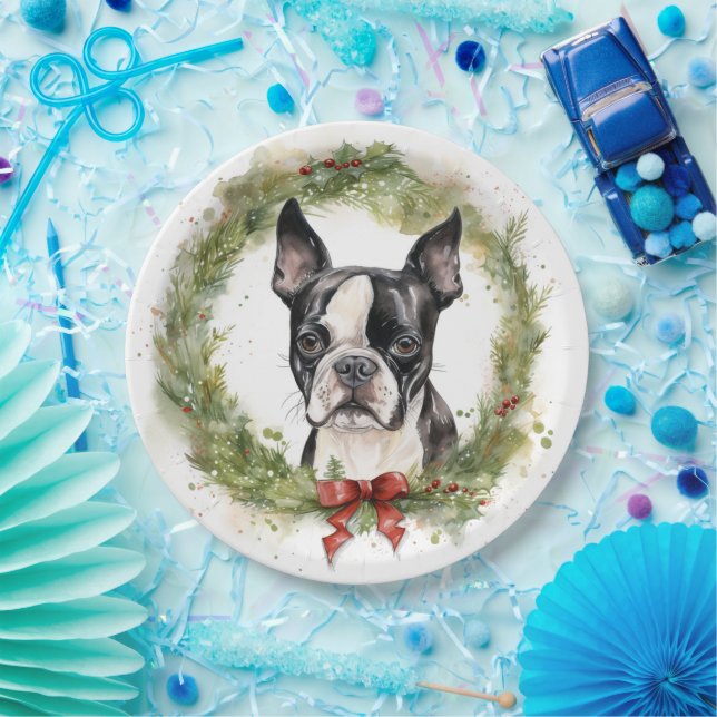 Boston Terrier Christmas Wreath Festive Pup  Paper Plate (Party)