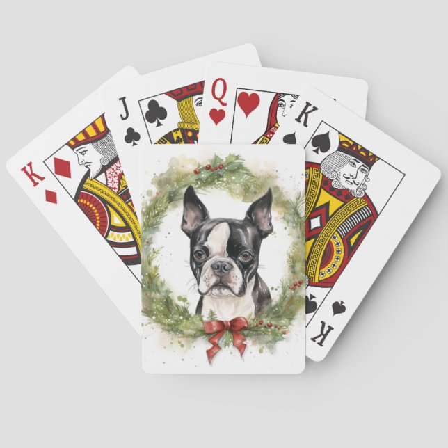Boston Terrier Christmas Wreath Festive Pup  Playing Cards (Back)