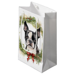 Boston Terrier Christmas Wreath Festive Pup  Small Gift Bag