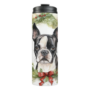 Boston Terrier Christmas Wreath Festive Pup Thermal Tumbler