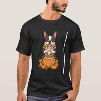 Boston Terrier Coffee Autumn Thanksgiving Womens M T-Shirt