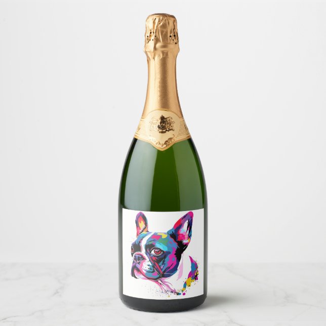 Boston Terrier Colourful Sparkling Wine Label (Front)