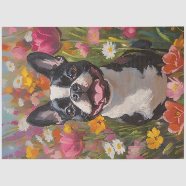 Boston Terrier Colourful Wildflower Field Decoupag Tissue Paper (Front)