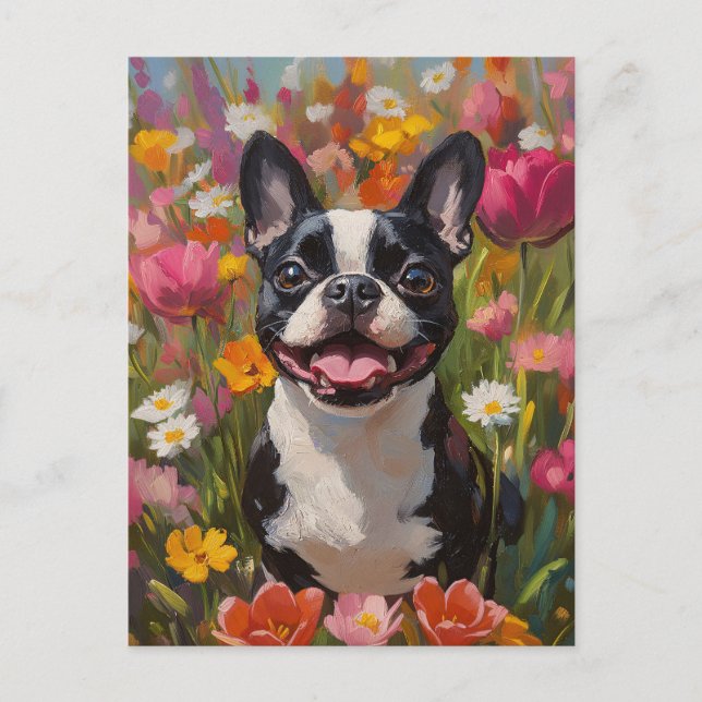 Boston Terrier Colourful Wildflower Field Postcard (Front)
