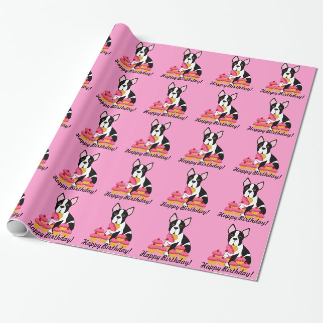 Boston Terrier Cupcakes Birthday Gift Wrap (Unrolled)
