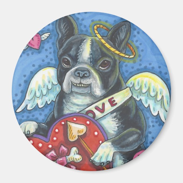 Boston Terrier Cupid DOG VALENTINE MAGNET Round (Front)
