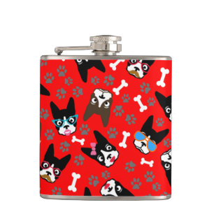 Boston Terrier Cute Moustache Funny Faces Hip Flask