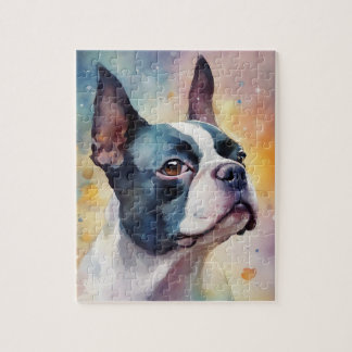 Boston Terrier Digital Watercolor Portrait Dog 173 Jigsaw Puzzle