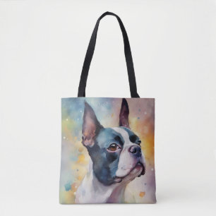 Boston Terrier Digital Watercolor Portrait Dog 173 Tote Bag