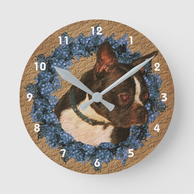 Boston Terrier Dog And Flower Wreath Animal Round Clock (Front)
