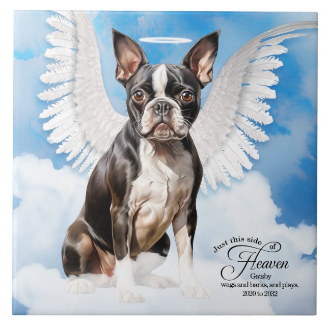Boston Terrier Dog Angel Custom Pet Memorial Tile (Front)