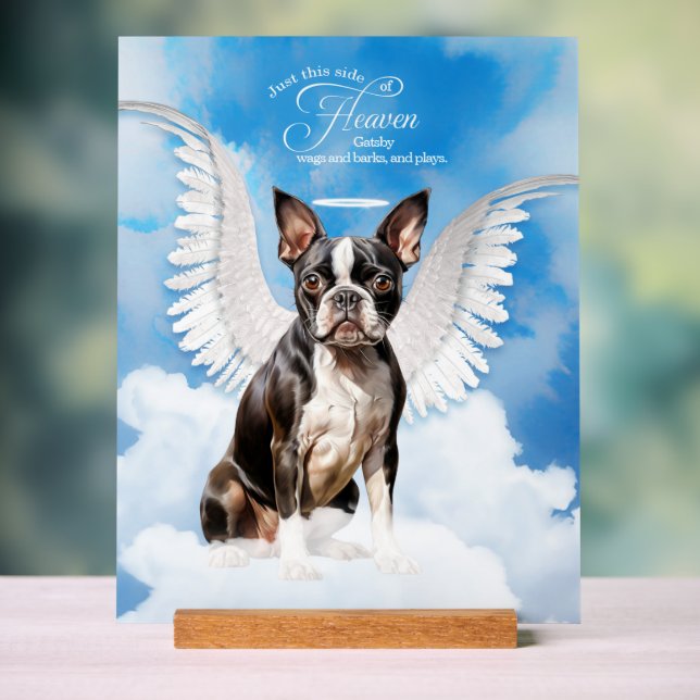 Boston Terrier Dog Angel with Name Pet Memorial Acrylic Sign (Neutral)