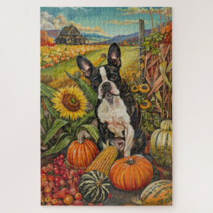 Boston Terrier Dog Autumn Harvest Thanksgiving Jigsaw Puzzle