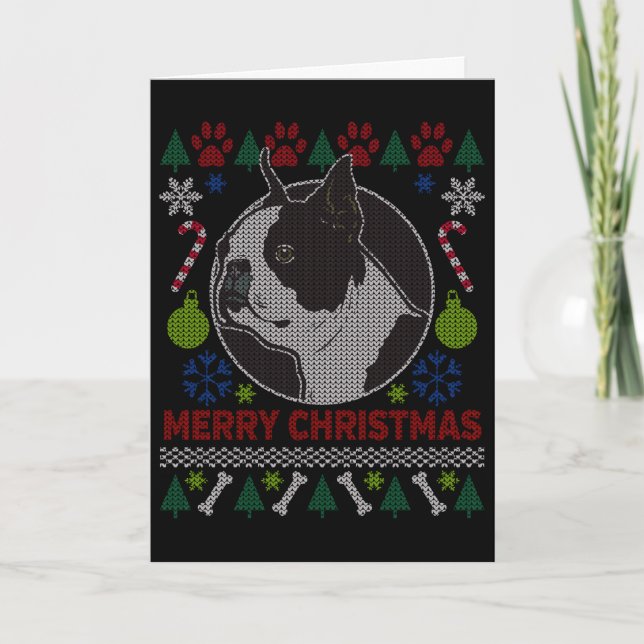 Boston Terrier Dog Breed Ugly Christmas Sweater Holiday Card (Front)