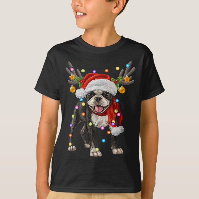 Boston terrier dog Christmas lights Xmas dog lover T-Shirt (Front)