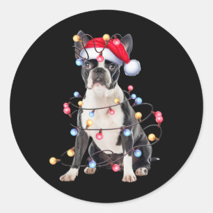 Boston Terrier Dog Christmas Lights Xmas Dog T Shi Classic Round Sticker