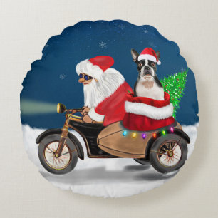Boston Terrier Dog Christmas Santa Claus   Round Cushion