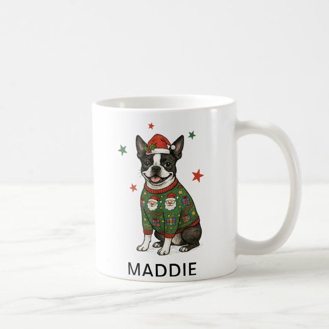 Boston Terrier Dog Christmas Sweater Coffee Mug (Right)