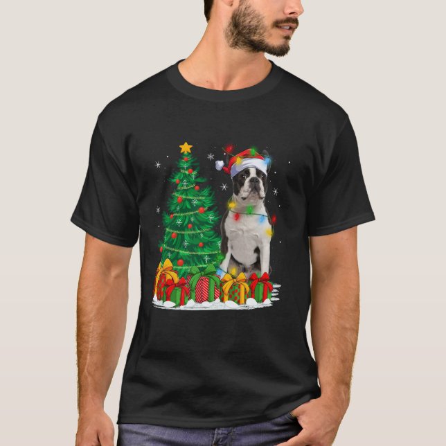 Boston Terrier Dog Christmas Tree Lights Santa Hat T-Shirt (Front)