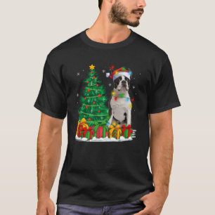 Boston Terrier Dog Christmas Tree Lights Santa Hat T-Shirt