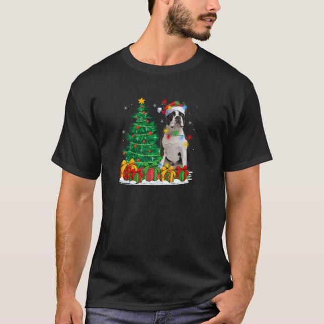 Boston Terrier Dog Christmas Tree Lights Santa Hat T-Shirt (Front)