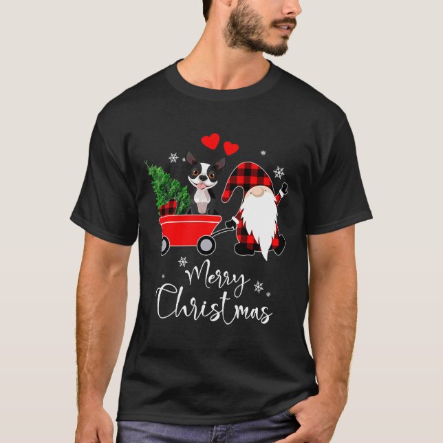 Boston Terrier Dog Christmas With Santa Hat Pajama T-Shirt (Front)