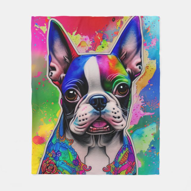 Boston Terrier Dog Colourful Paint Splash Fleece Blanket (Front)