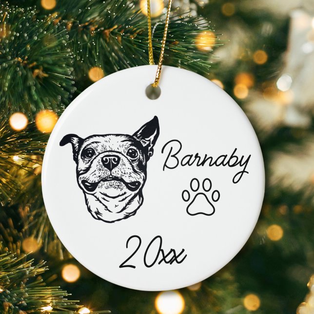 Boston Terrier Dog Custom Name & Year Line Art Ceramic Tree Decoration (Boston Terrier Dog Custom Name and Year Ornament with Paw Print. Black and White Line Art Modern)