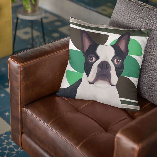 Boston Terrier Dog – Dark Green Geometric Cushion (Creator Uploaded)
