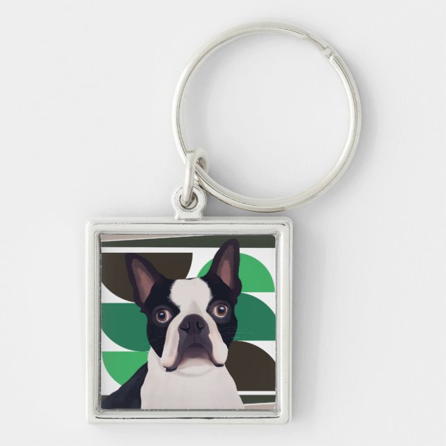 Boston Terrier Dog – Dark Green Geometric Key Ring (Front)