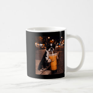 Boston terrier dog drinking iced coffee lover mug