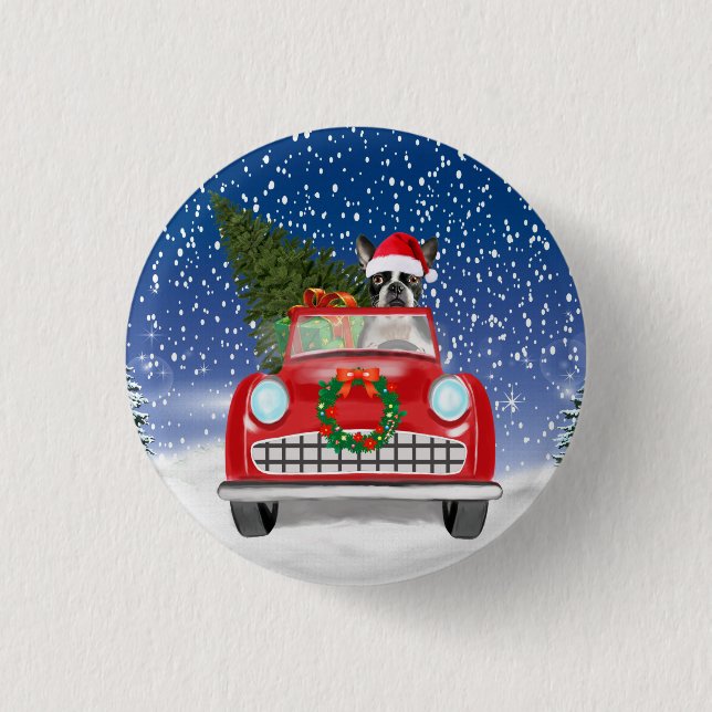Boston terrier Dog Driving Car In Snow Christmas  3 Cm Round Badge (Front)