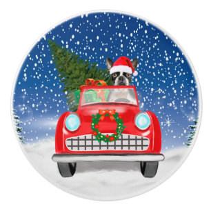 Boston terrier Dog Driving Car In Snow Christmas  Ceramic Knob