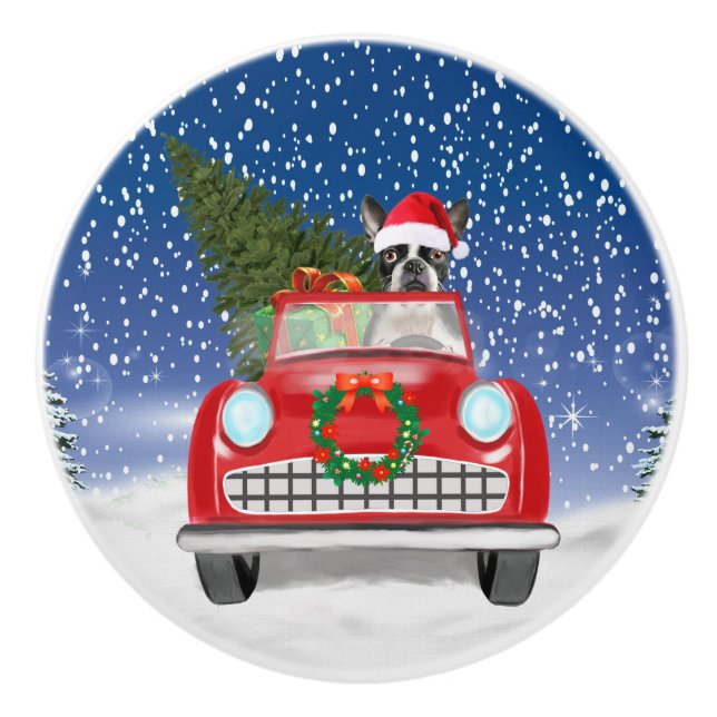 Boston terrier Dog Driving Car In Snow Christmas  Ceramic Knob (Front)