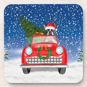 Boston terrier Dog Driving Car In Snow Christmas  Coaster