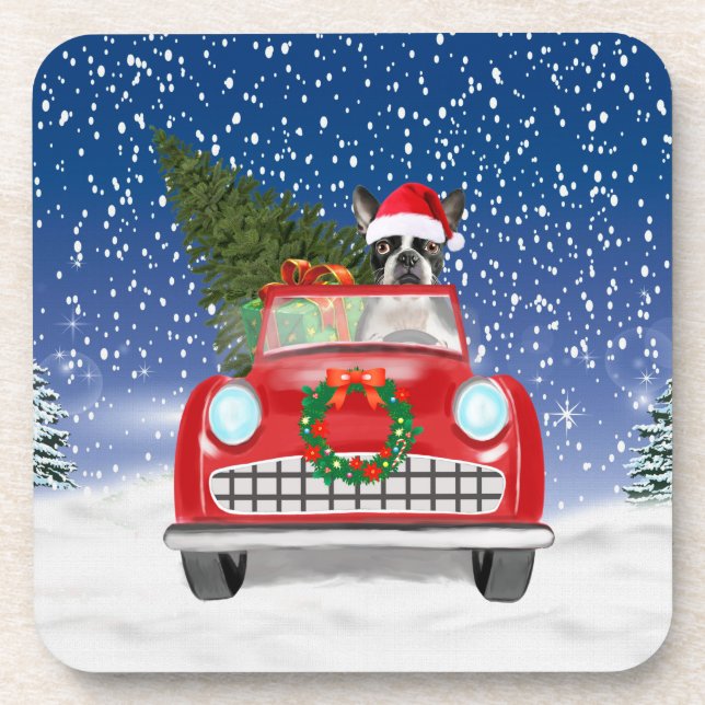 Boston terrier Dog Driving Car In Snow Christmas  Coaster (Front)