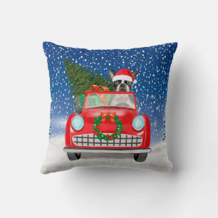 Boston terrier Dog Driving Car In Snow Christmas Cushion