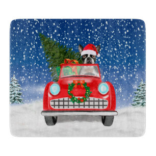 Boston terrier Dog Driving Car In Snow Christmas Cutting Board