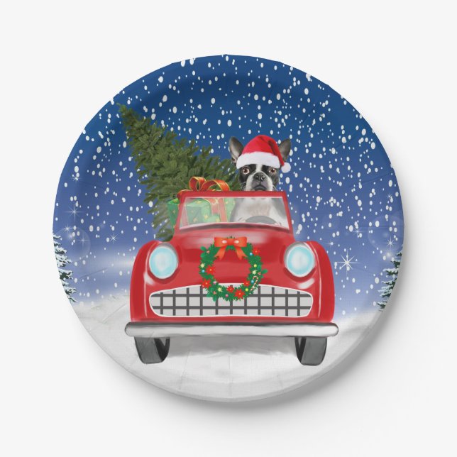 Boston terrier Dog Driving Car In Snow Christmas Paper Plate (Front)